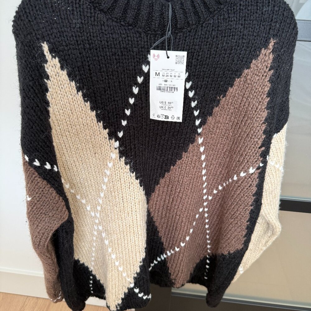 ZARA Womens Argyle Sweater Black/Ecru NWT Size M 5802/101/093